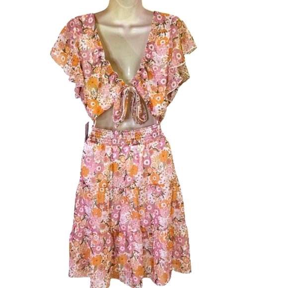 Emerald Sundae Blush Pink/Gold Floral Back Tie Cut-Out Mini Dress,Large,NWT - Picture 3 of 16
